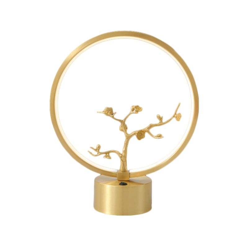 Metallic Ring Night Light Simplicity LED Gold Table Lighting with Inner Tree Decor