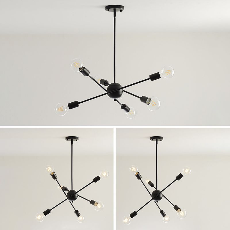 6-Lights Geometric Lines Metal Chandelier Industrial Style Open Bulb Molecular Ceiling Pendant for Restaurants Bar