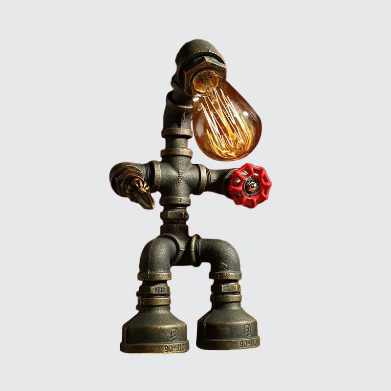 Iron Pipe Robot Night Table Light Cyberpunk Single-Bulb Boys Room Nightstand Lamp in Brass/Copper