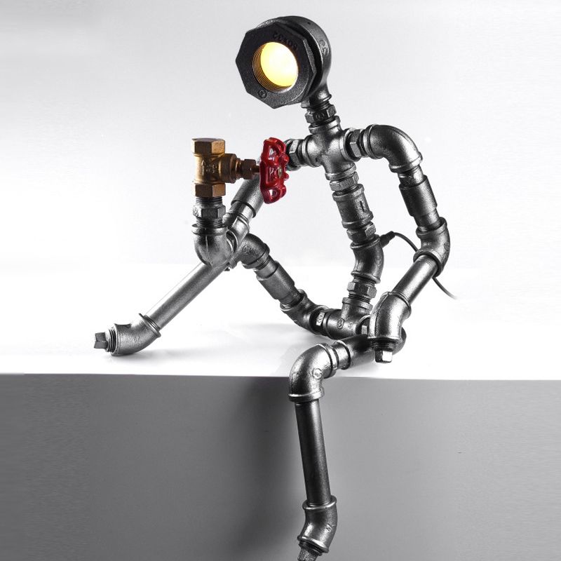 LED Table Light Industrial Thinking Robot Iron Plug-In Night Lamp in Silver with Red Valve