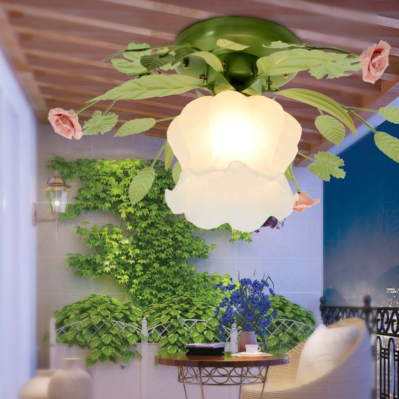 Green Floral Ceiling Light Fixture Romantic Pastoral Metal 1/3/5 Heads Living Room Flush Mount Lamp