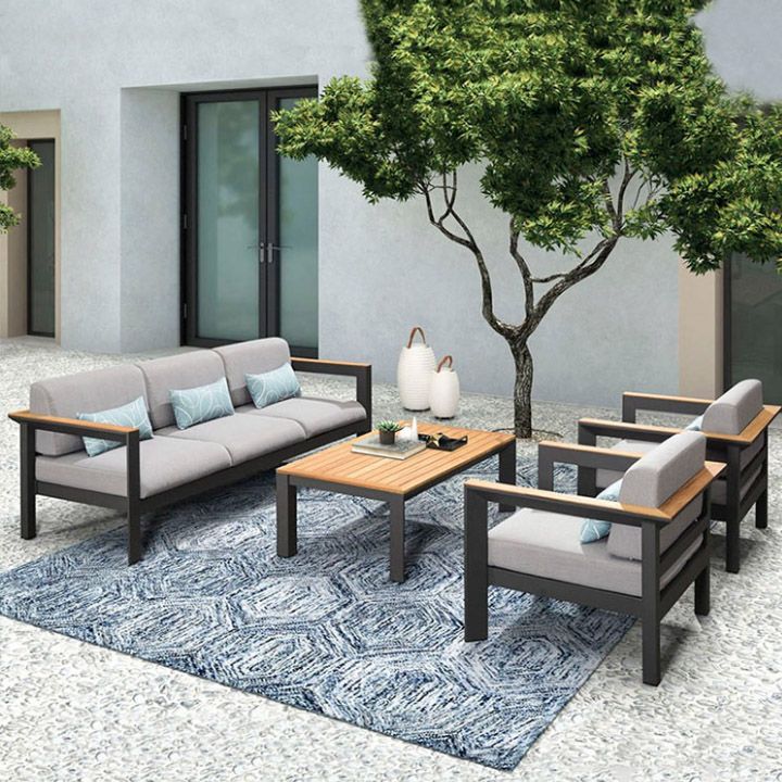 Modern & Contemporary Patio Sofa Wood With Cushions Fabric Teak Black Outdoor Patio Sofa