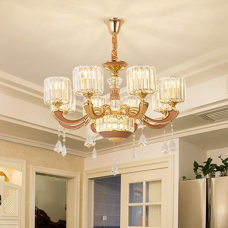 Mid Century Column Pendant Lamp 8-Light Crystal Block Chandelier Light Fixture in Gold