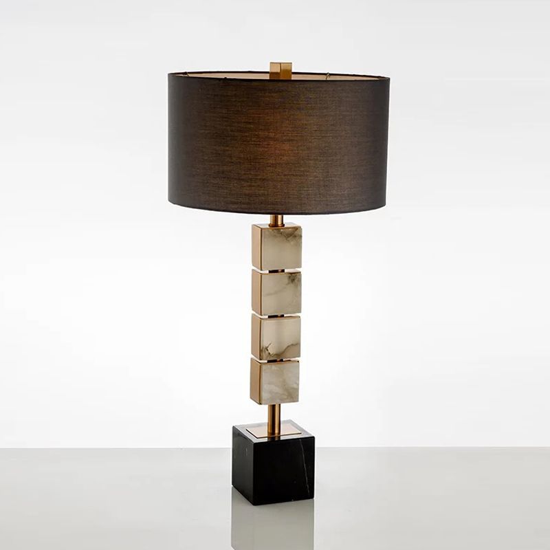 Drum Fabric Table Lighting Modernism 1-Light Brown Desk Lamp with Cube Marble Base