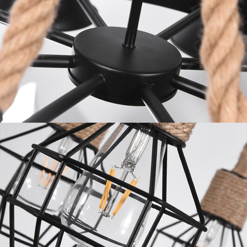 Beige Ceiling Hung Fixture Rustic Style Rope Caged Hanging Chandelier Light for Restaurant