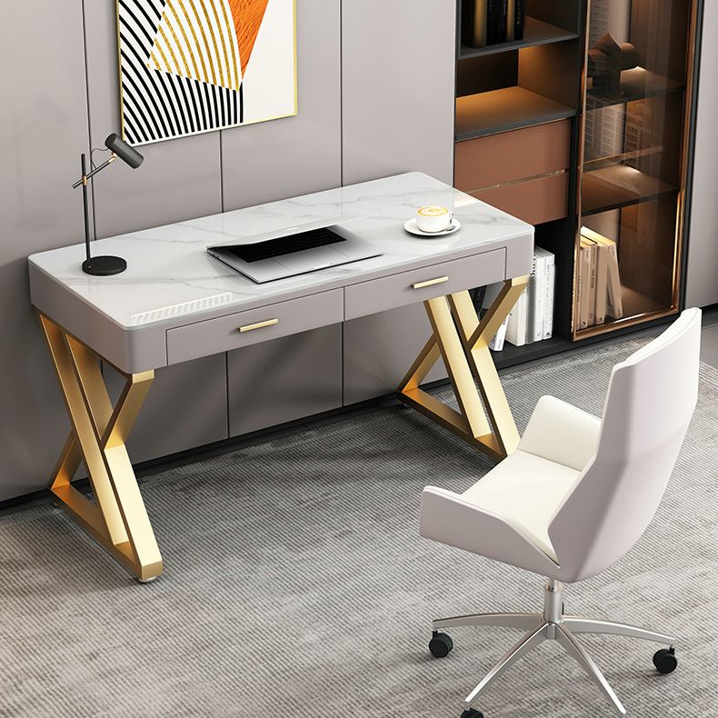 White Glam Writing Desk Rectangular Office Desk with Drawers