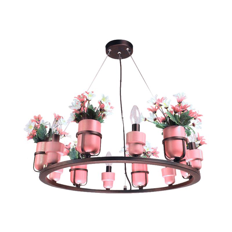 6 Bulbs Metal Chandelier Industrial Pink/Blue Circular Pendant Light Kit with Candle Design