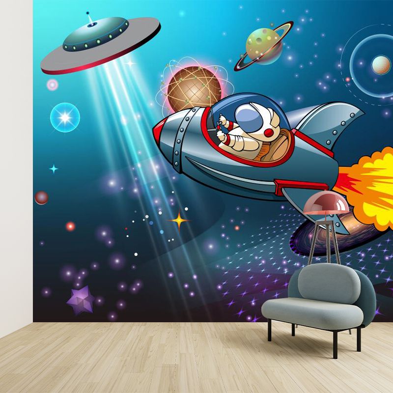 Blue Childrens Art Wall Murals Large Cartoon Astronaut Patterned Wall Decor for Nursery