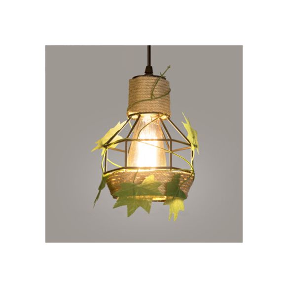 BEIGE 1 Light Hanging Lampy Style Country Metal and Rope Globe / Barrel Cage Pendant Lighting For Coffee Shop