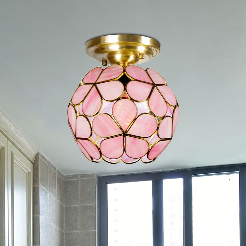 Single Light Flower Ceiling Fixture Victorian White/Pink/Orange Stained Glass Semi Mount Lighting