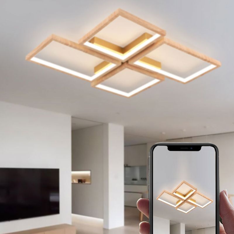 Modern Style Square Shape Flush Mount 4-Lights Wood Ceiling Light for Living Room