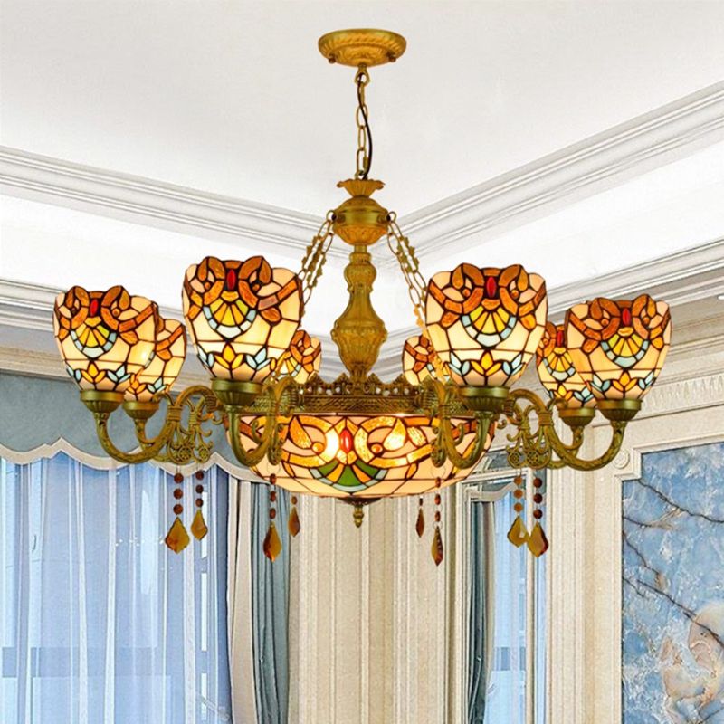 Victorien bol lustre vitrail 9 lumières Lumière de lustre avec cristal en beige pour le foyer