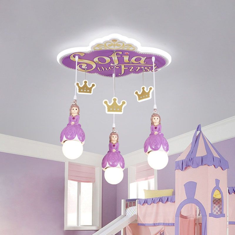 Purple Princess Crown Ceiling Light Cartoon 3 Heads Metal Cluster Pendant Lamp for Nursery