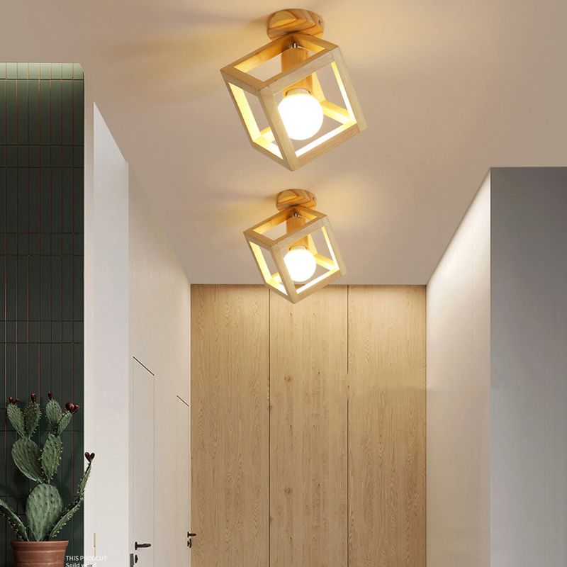 Modern Style Flush Mount 1-Light Wood Ceiling Light in Yellow for Aisle