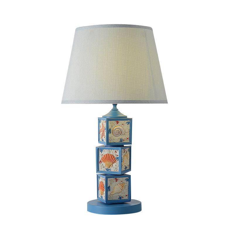 Stacked Cube Desk Lighting Mediterranean Resin 1 Bulb Light/Sky Blue Night Lamp with Barrel Fabric Shade