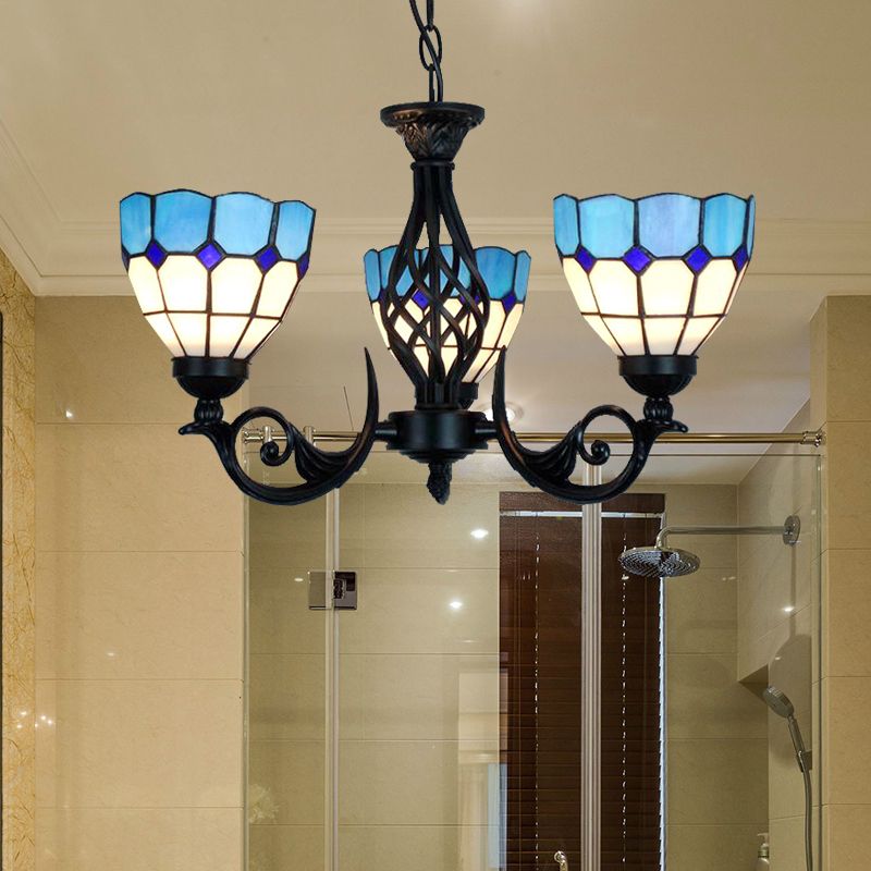 3 Lichter Schüssel Anhänger Licht mit Netzmuster und Metallkettenblau -Glas -Kronleuchterlampe für Schlafzimmer