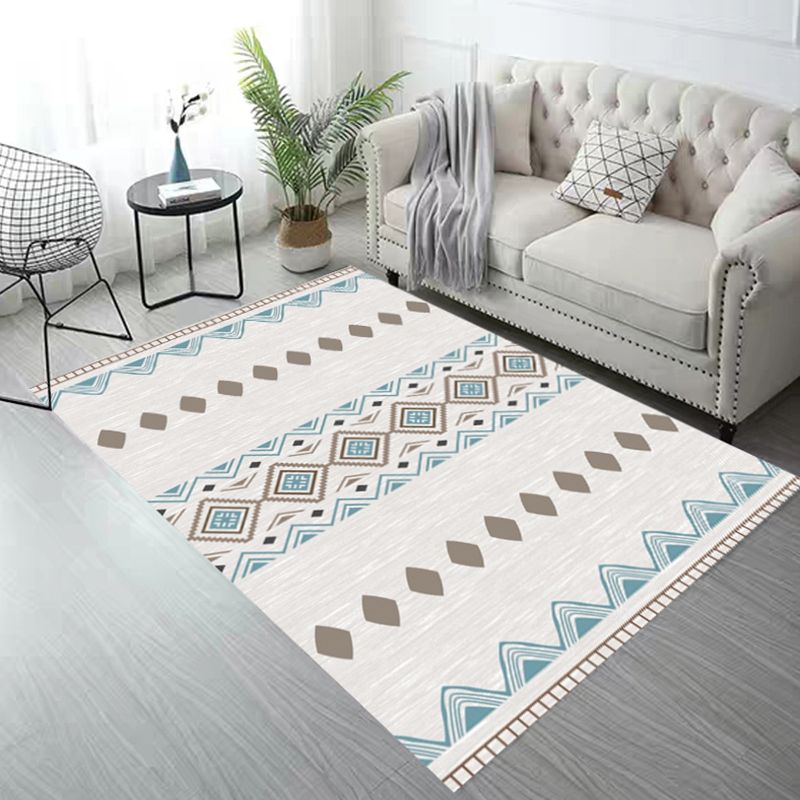 White Tone Living Room Carpet Boho Normatic Tribe Area Rug Polyester with Non-Slip Backing Rug