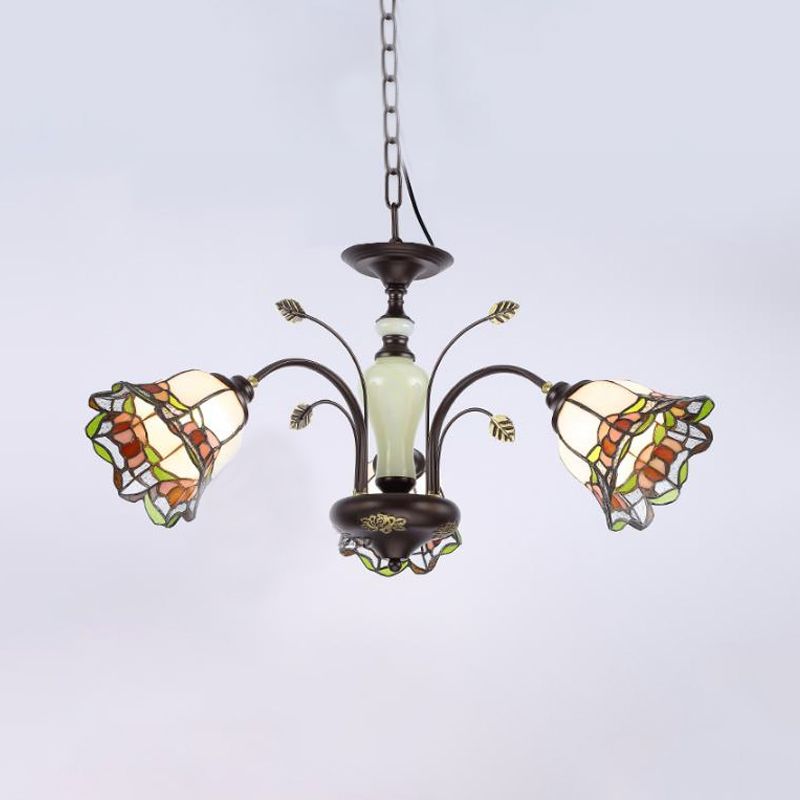 Stained Art Glass Bronze Pendant Chandelier Floral 3/6/8 Lights Tiffany Style Hanging Light Fixture for Bedroom