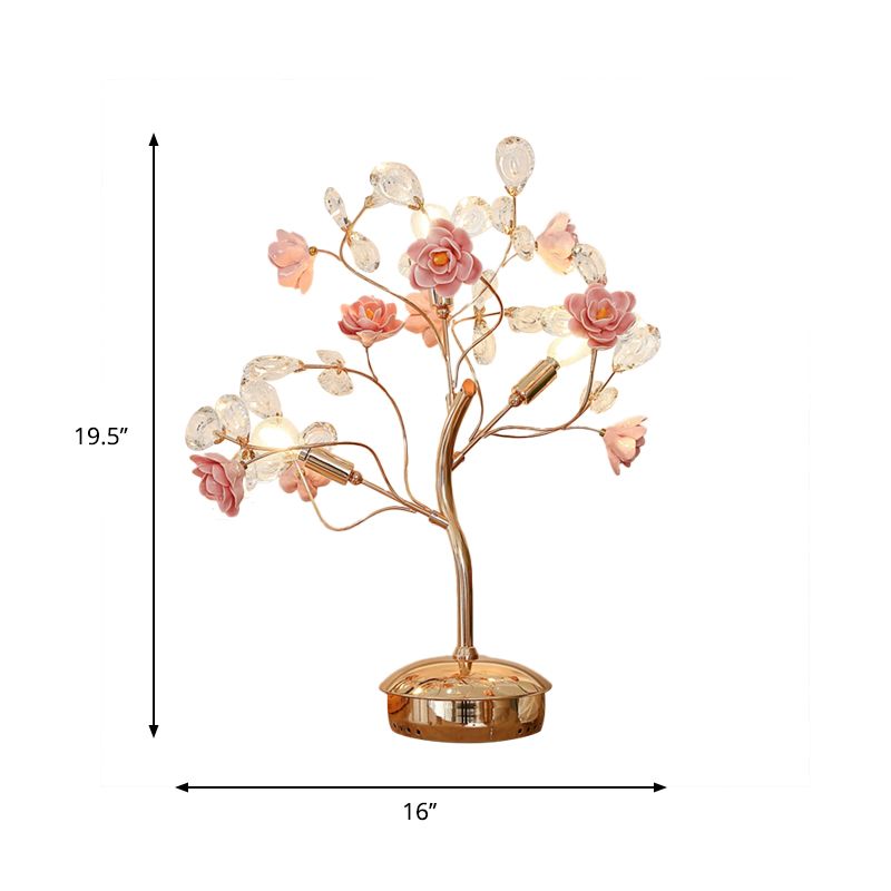 Postmodern Floral Table Lamp 3 Bulbs Crystal Night Light in Pink with Branching Design