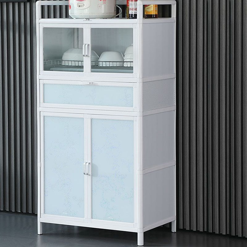 White Kitchen Buffet Stand Modern Metal Glass Doors Open Storage Buffet