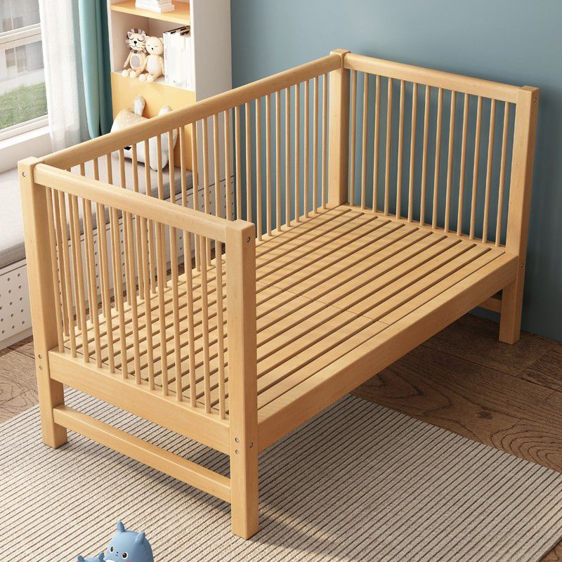 Scandinavian Wood Baby Crib with Guardrail and Mattress, Light Wood Crib