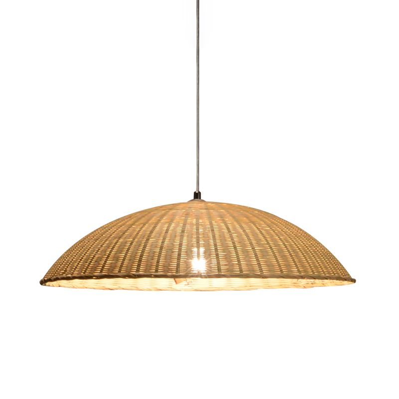 Domed Ceiling Lamp Asian Bamboo 1 Head Flaxen Hanging Pendant Light for Living Room