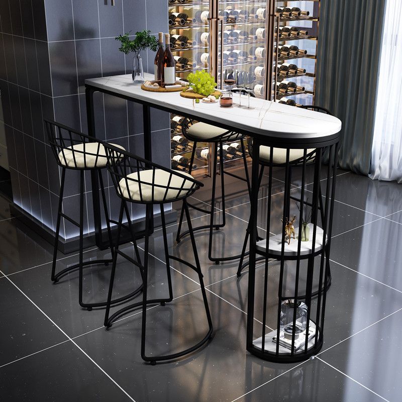 Modern White Marble Bar Table with Specialty Table Top Black Double Pedestal Table - 42" H