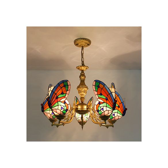 Loft Style Butterfly Ceiling Light Fixture with Adjustable Chain Stained Glass Foyer Pendant Light in White/Red/Blue/Orange-Green