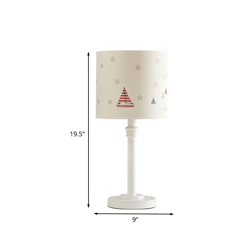 Single Bedroom Nightstand Light Cartoon White Table Lamp with Drum Patterned Fabric Shade