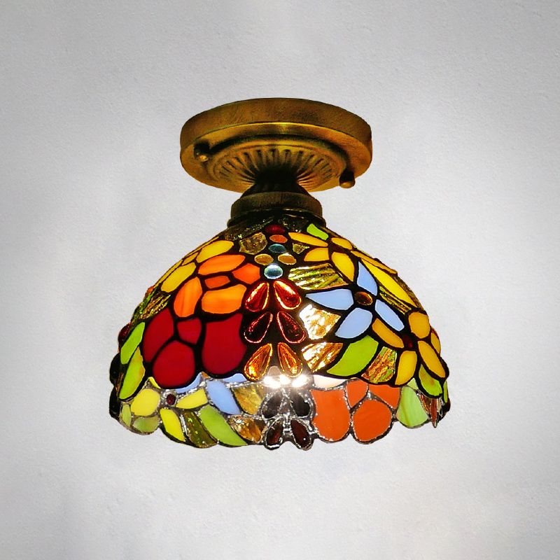 Single Semi Flush Tiffany Style Bowl Shade Stained Art Glass Flush Ceiling Light Fixture