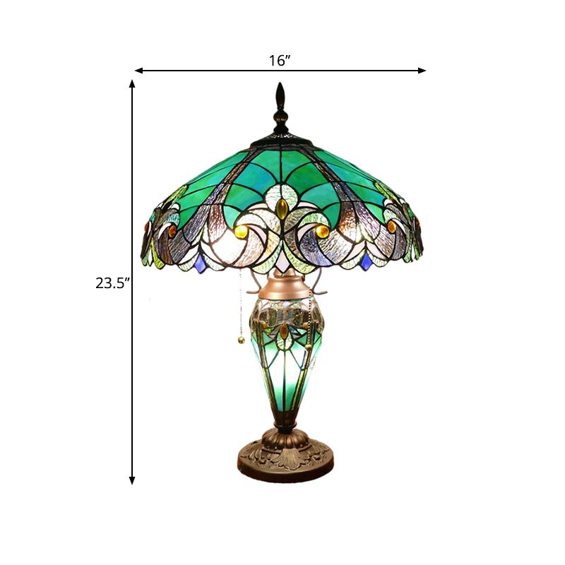 Green 3 Lights Task Lighting Mediterranean Hand Cut Glass Scalloped Dome Night Lamp with Teardrop Base