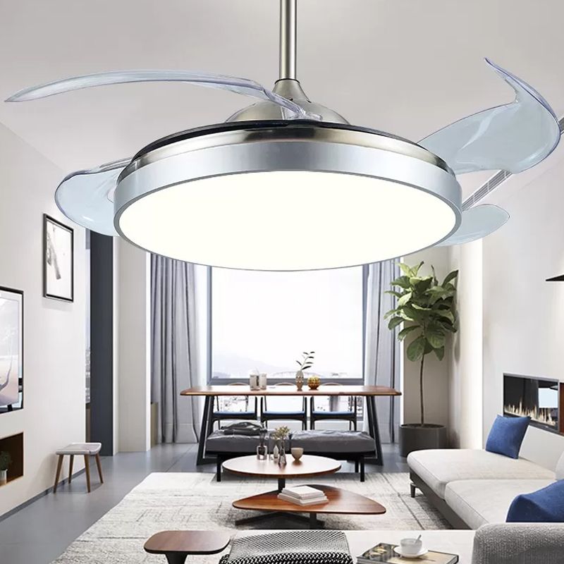 4 Blades Drum Acrylic Ceiling Fan Light Modern LED White Semi Flush Mount, 19" Wide