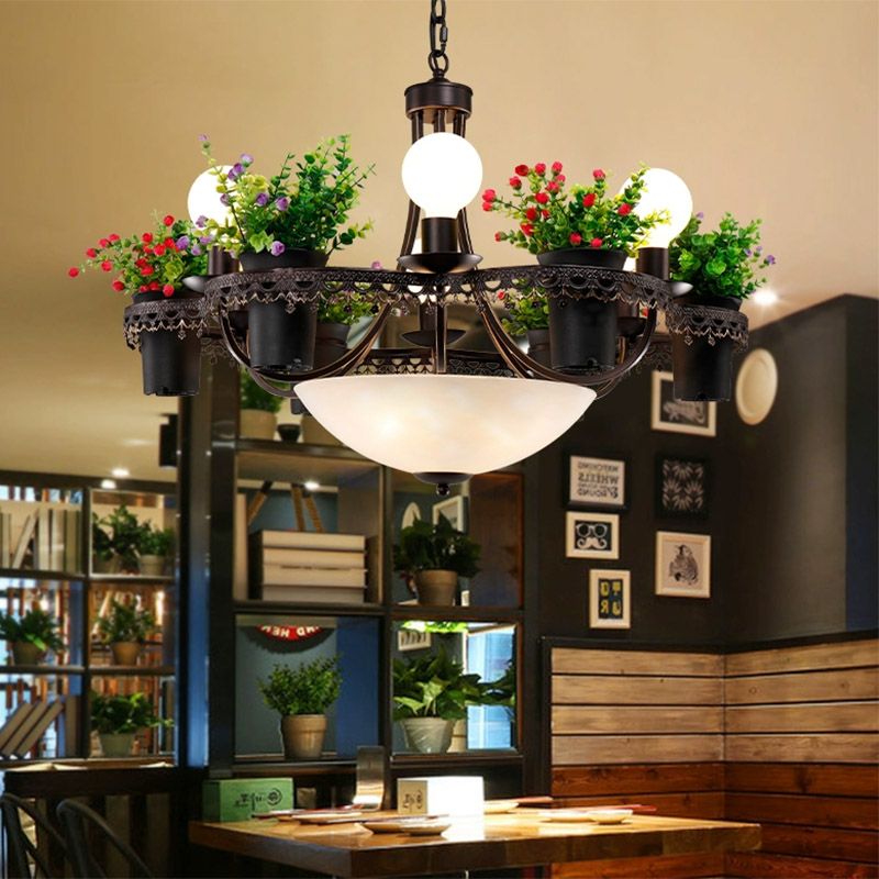 9 Lights Bare Bulb Chandelier Industrial Black Metal LED Flower Pendant Light for Restaurant