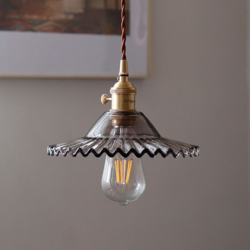 8.66'' Width Brass Pendant Light Industrial Scalloped Glass Shade Mini Hanging Lamp for Coffee Shop