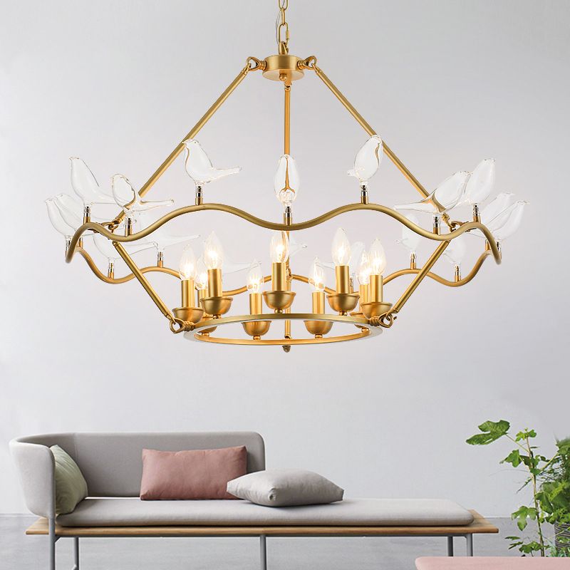 Metal Flower Basket Chandelier Lamp Modern 9 Bulbs Gold Pendant Lighting Fixture with Clear Glass Bird