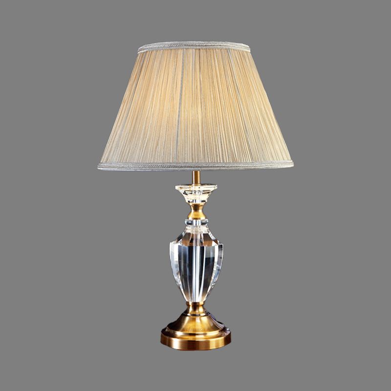 Beige Urn Desk Lamp Modern 1 Head Beveled Crystal Table Light with Cone Fabric Shade