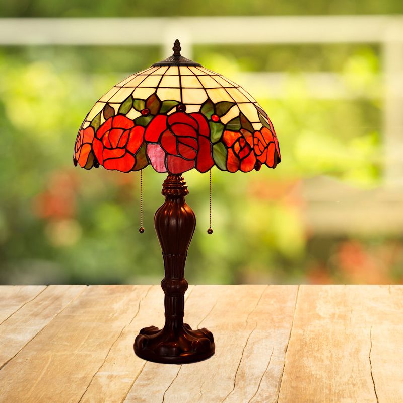 Rose-Edge Gridded Night Lamp 2-Light Stained Glass Tiffany Table Lighting with On Off Pull Chain in Coffee