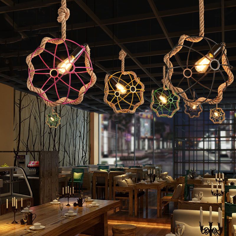 1-Light Metal Pendant Lamp Industrial Black/Pink/Green Globe Cage Restaurant Down Lighting with Rope Cord