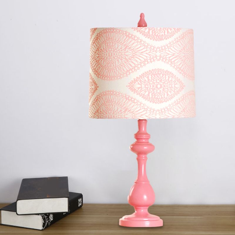 Macaron Barrel Night Lamp Fabric 1 Light Bedroom Task Lighting with Column Base in Pink