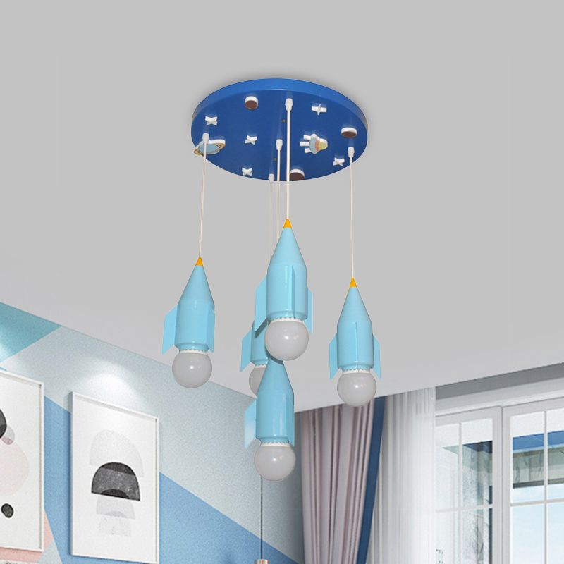 Metallic Rocket Shaped Cluster Pendant Light 5-Light Blue Finish Ceiling Suspension Lamp