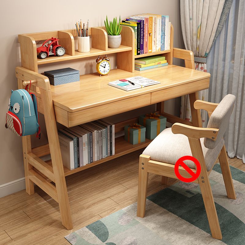 Adjustable Study Desk Rubber Wood Children's Desk with Storage Shelves