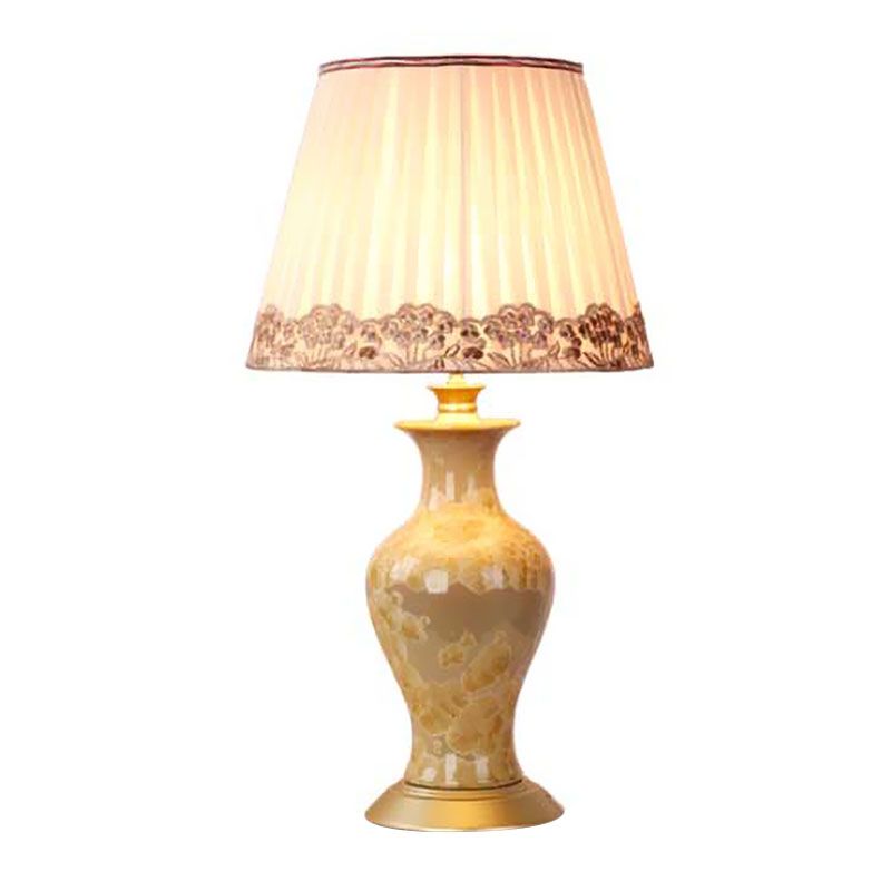 Beige Urn Night Light Rustic Ceramic 1 Head Living Room Table Lighting with Pleated Fabric Shade