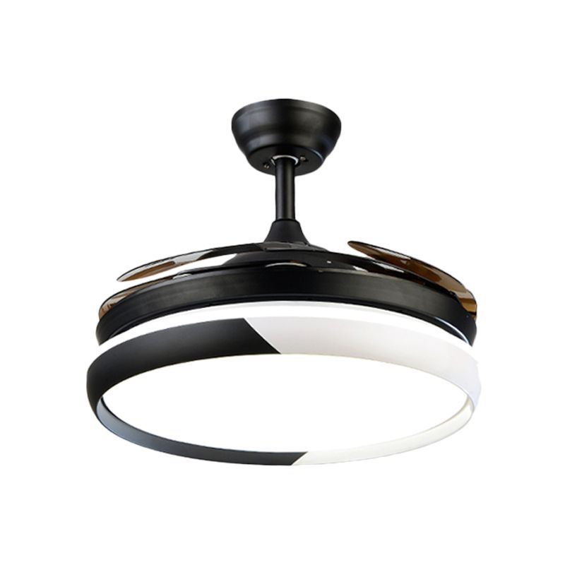 LED Acrylic Semi-Flush Ceiling Light Rustic Black Circle Living Room 5-Blade Pendant Fan Lamp, 52" Wide