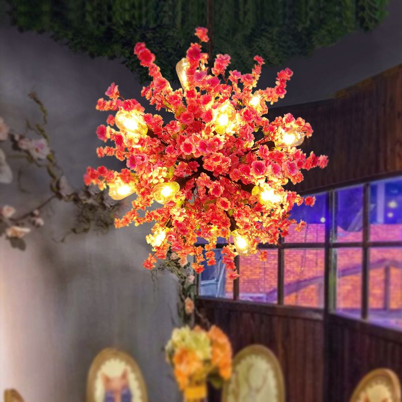 Peach 12 Lights Chandelier Lighting Vintage Metal Flower LED Hanging Pendant Light