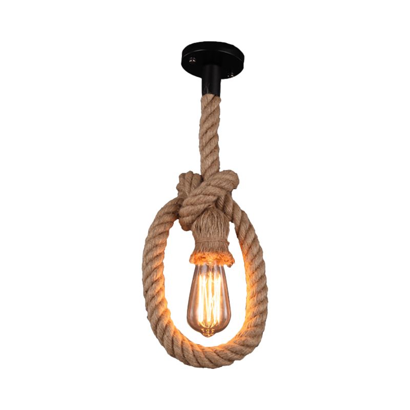 Exposed Bulb Rope Ceiling Pendant Loft 1 Light Restaurant Adjustable Hanging Light Fixture in Black with Ring Design