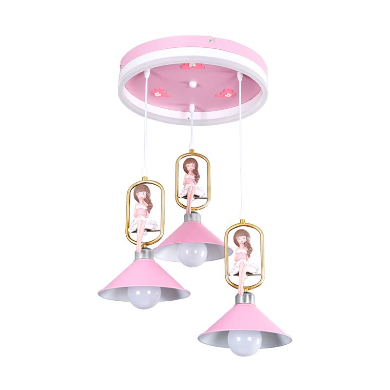 Metallic Bell Pendant Light Kit Cartoon 3 Bulb Hanging Lamp with Girl Decor in Pink