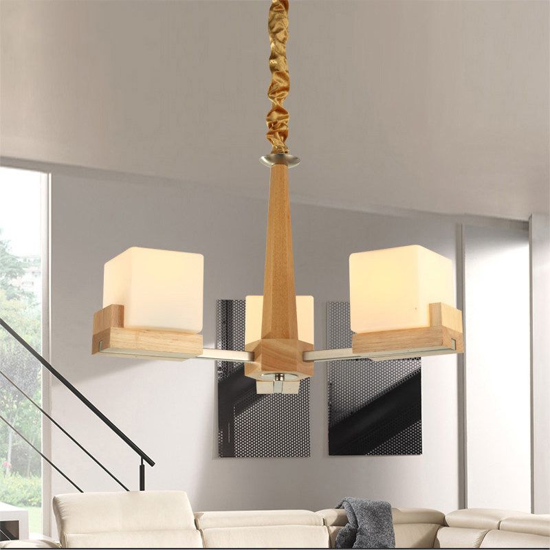 Luminaire suspendu radial bois contemporain 3/5/8 Bulbes Chandelier de chambre à coucher avec nuance en acrylique cube