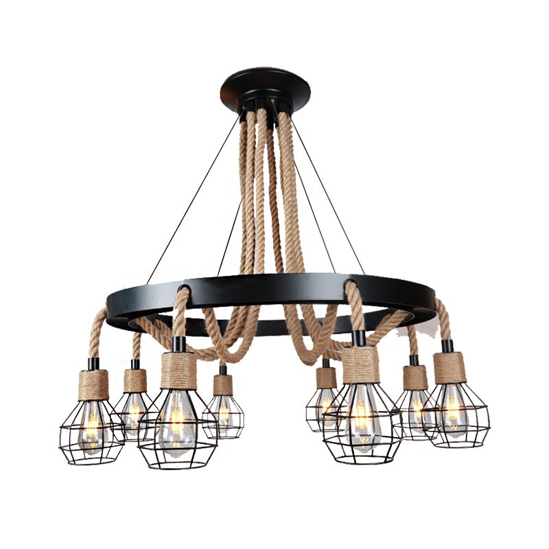 Globe Metal and Rope Chandelier Lighting Rustic 6/8 Light Dining Room Pendant Lighting in Black with Ring