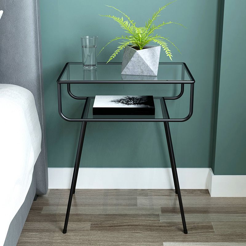 Contemporary Side Table Glass 4 Legs with Storage Rectangular Double Tier End Table