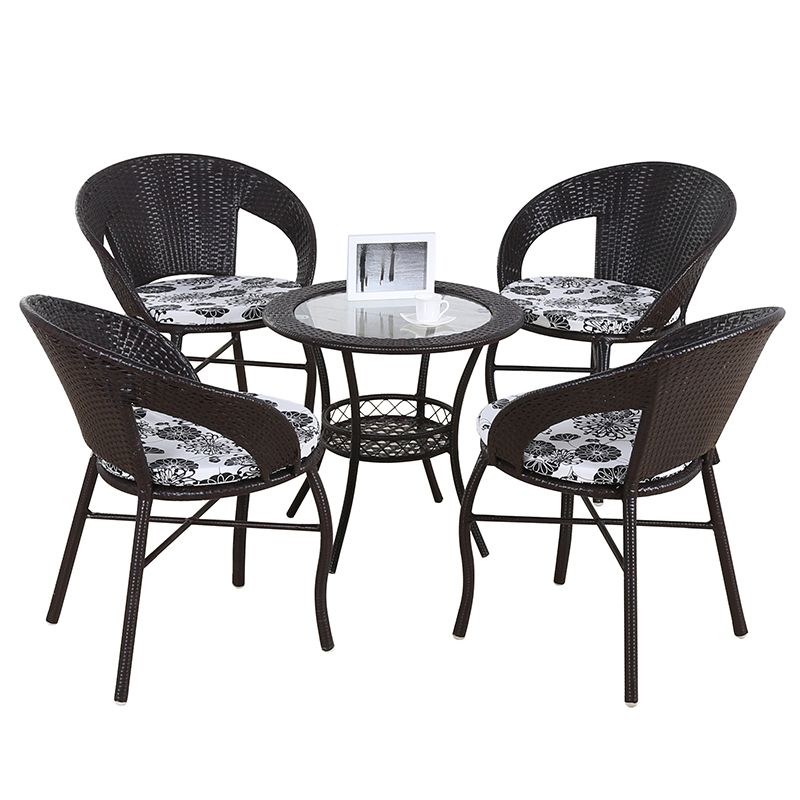 Glass Dining Table Set with Armless Rattan Chairs for Courtyard